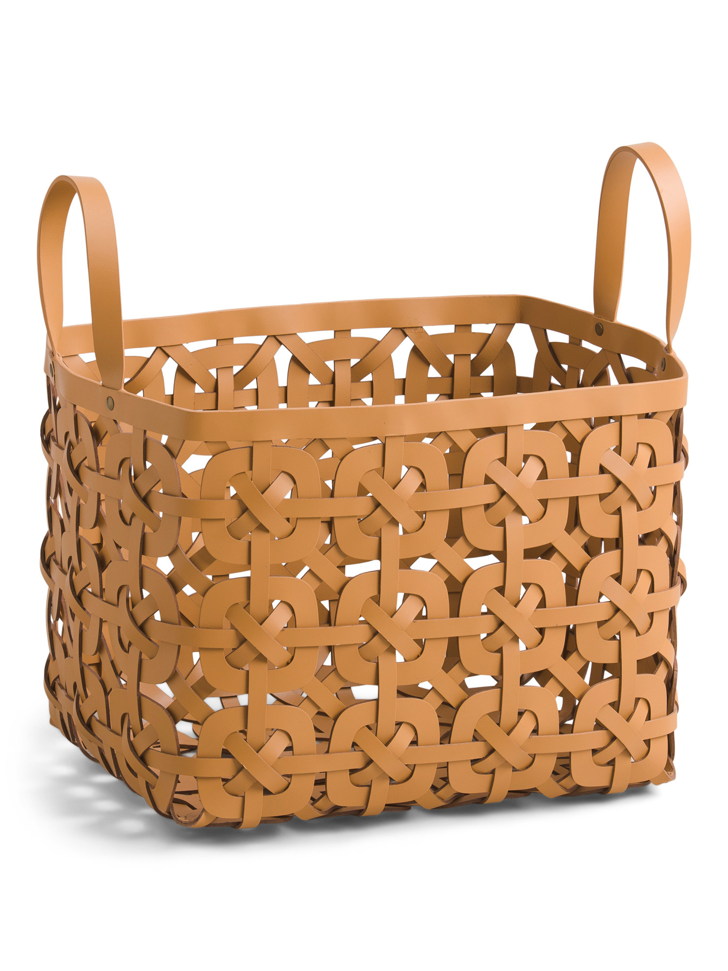 14in Bonded Recycled Leather Woven Basket With Handles | TJ Maxx