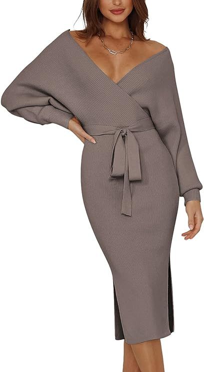 Pink Queen Womens V Neck Sweater Wrap Dresses Batwing Sleeve Sexy Backless Slit Maxi Knit Dress w... | Amazon (US)