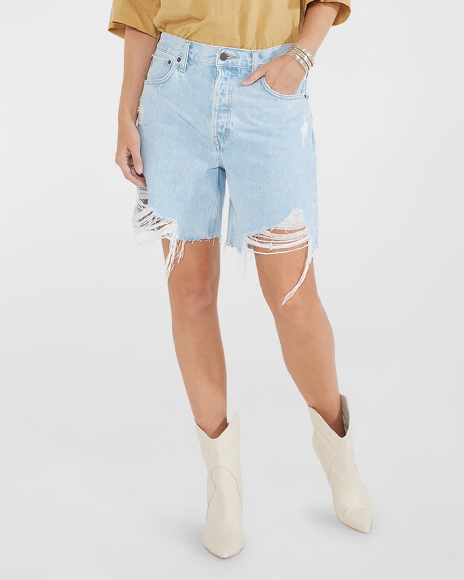 ETICA Narin Long Distressed Denim Shorts | Neiman Marcus