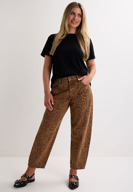 Womens Brown Leopard Print Barrel Leg Jeans | Peacocks