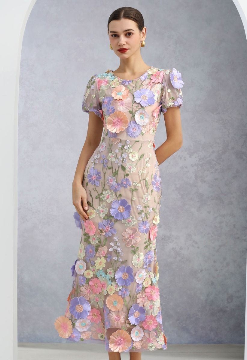 3D Floral Applique Mesh Tulle Mermaid Maxi Dress in Lavender | Chicwish