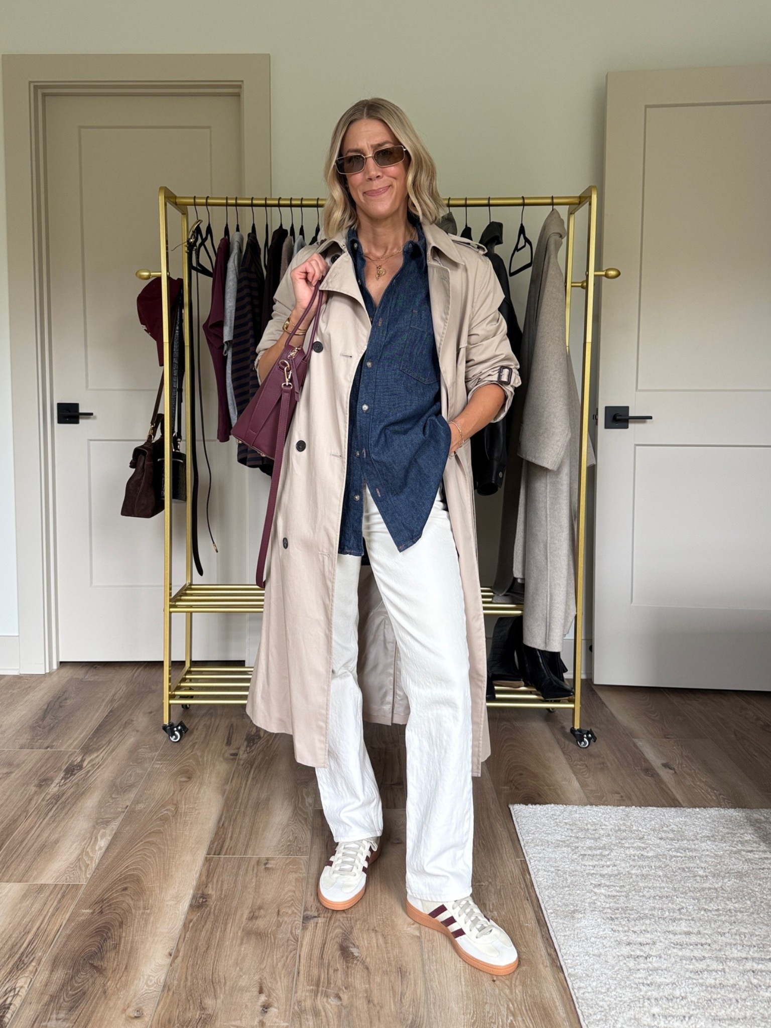 Wearing 26/reg jeans, XS denim shirt, small trench coat, sneakers tts