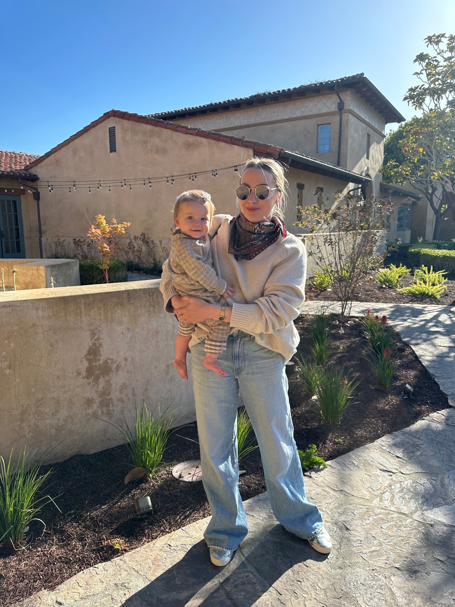I married my husband so I could double my sweater collection 😉 men’s banana republic sweater, Amo jeans, vintage Louis Vuitton silk bandana, onitsuka tiger mexico 66 sneakers in silver