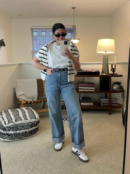 Wide leg jeans (8) | white Tshirt (medium) | adidas sneakers | black sunglasses | striped sweater (large) | black belt

#LTKmidsize #LTKfindsunder50 #LTKstyletip