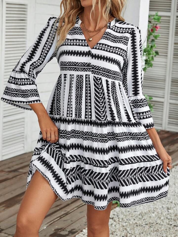 Geo Print Flare Sleeve Ruffle Hem Smock Dress | SHEIN