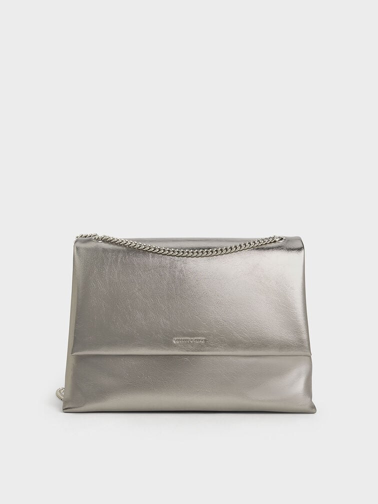 Sianna Metallic Crinkle-Effect Chain-Handle Shoulder Bag - Pewter | Charles & Keith US
