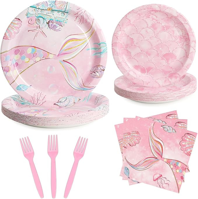 96 Pcs Party Plates, Pink Mermaid Paper Plates and Napkins Party Supplies for Birthday Baby Showe... | Amazon (US)