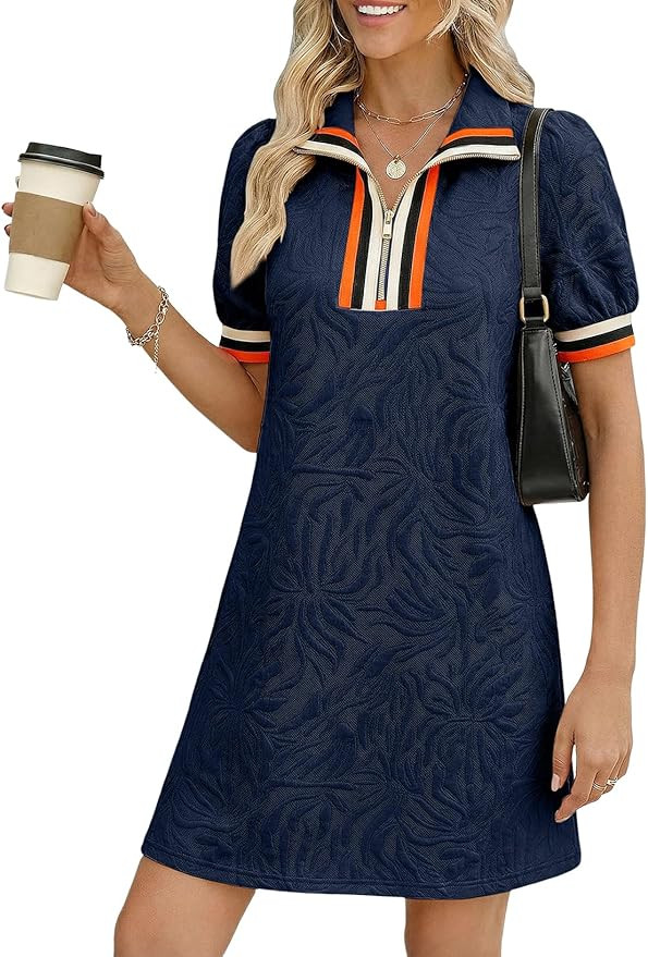 BLENCOT Summer Dresses for Women Casual Half Zip V Neck Short Sleeve Mini Sweatshirt Dress with P... | Amazon (US)