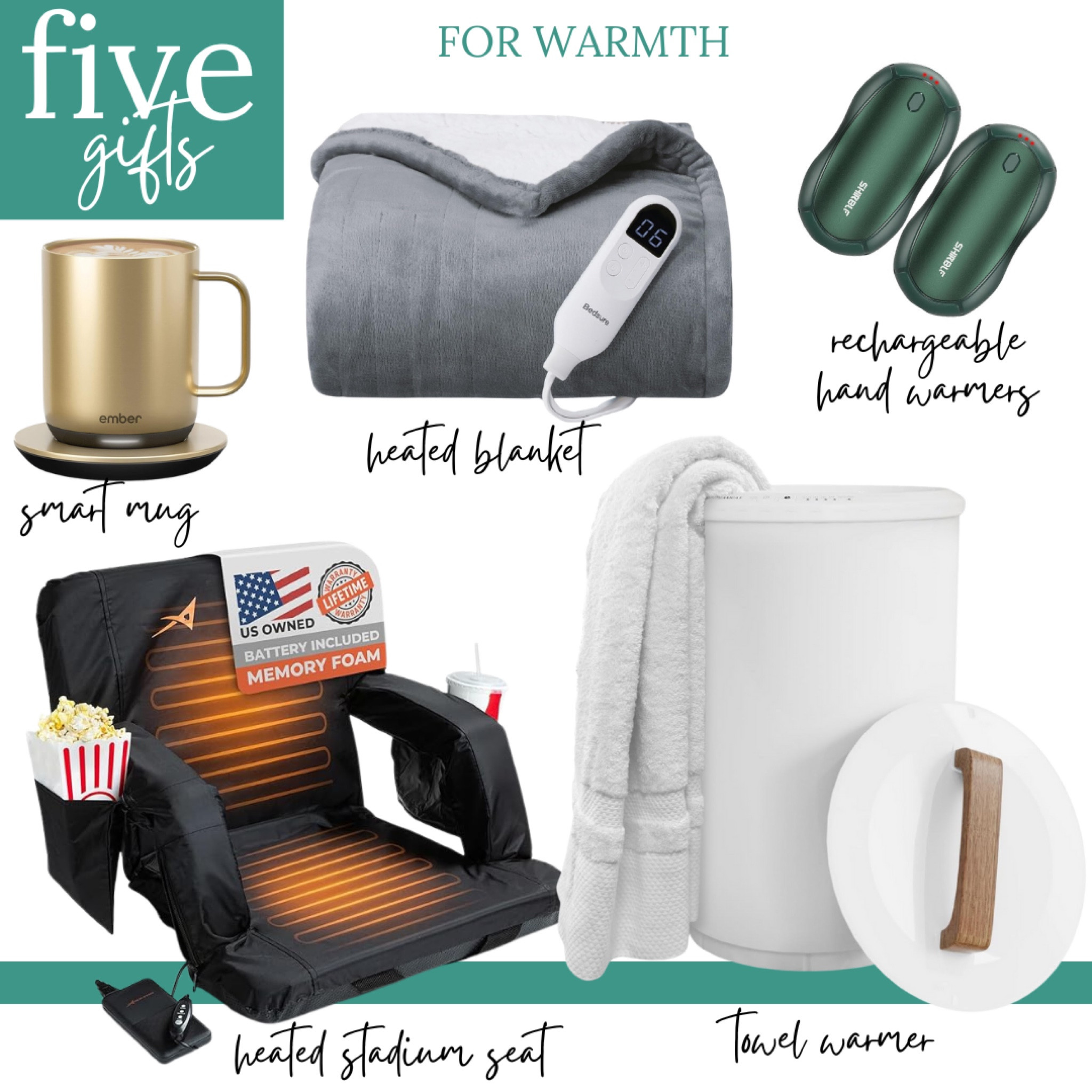 5️⃣ gifts to help you stay warm

Smart coffee mug, heated blanket, rechargeable hand warmers, stadium seat, towel warmer

#LTKGiftGuide #LTKHoliday #LTKCyberWeek
