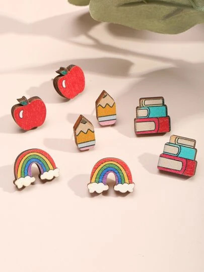 4pairs/set Apple & Pencil Design Stud Earrings | SHEIN