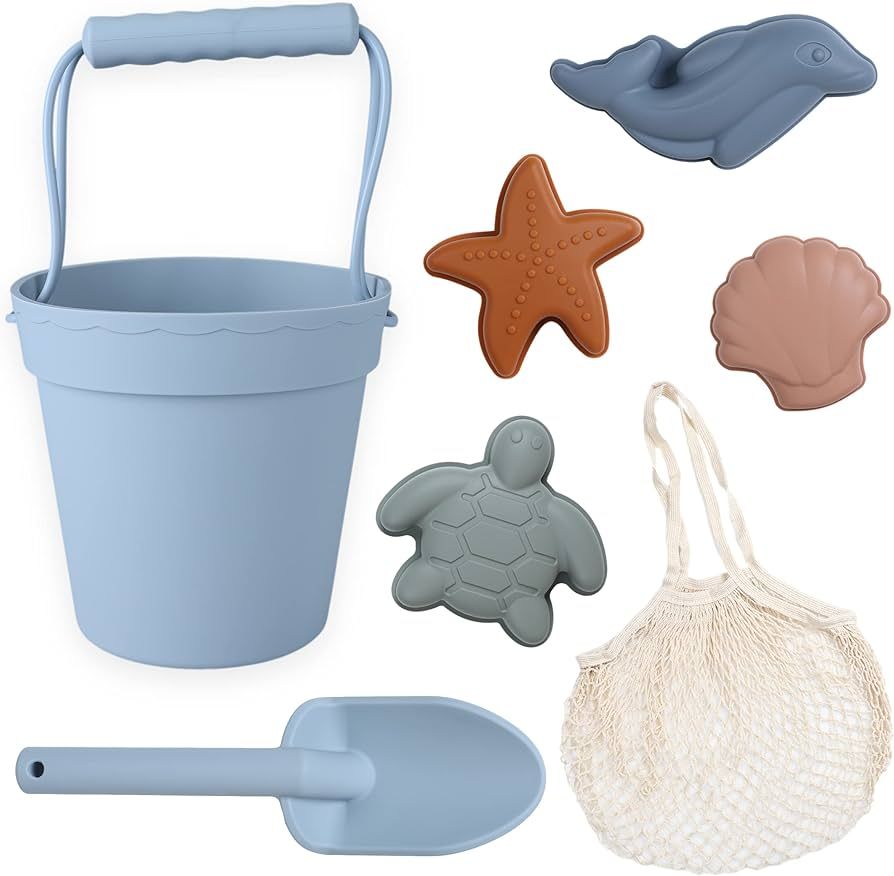 BLUE GINKGO Modern Baby Sand Toys | Travel Friendly | Silicone Bucket, Shovel, 4 Molds, Beach Bag... | Amazon (US)