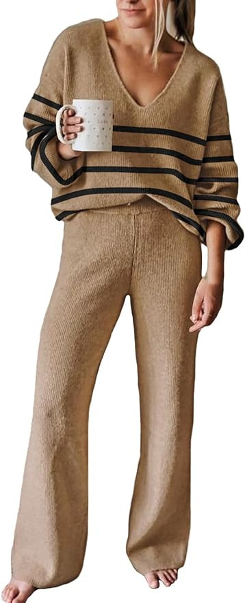 Viottiset Women's 2 Piece Outfits Casual V Neck Knit Wide Leg Sweater Lounge Set Sweatsuit | Amazon (US)