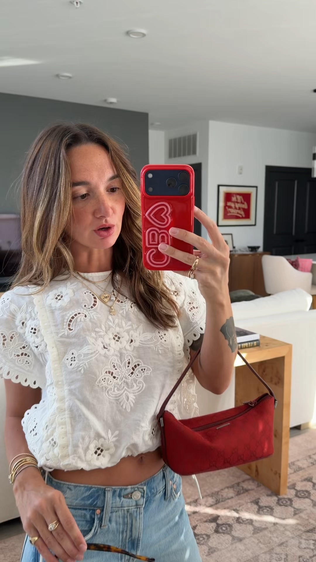 Summer jeans!!! I’m wearing 25 petite- def size up 1 for baggier fit they run small imo! And size 4 in sezane top. Red bag is vintage!