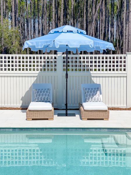 Pool deck vibes with our woven outdoor chaise lounge chairs, reversible block print pillows, blue scalloped umbrella, and a black outdoor umbrella stand!
.
#ltkhome #ltkseasonal #ltkfindsunder100 #ltkfindsunder50 #ltkstyletip #ltkswim #ltkfamily 

#LTKhome #LTKSeasonal #LTKsalealert