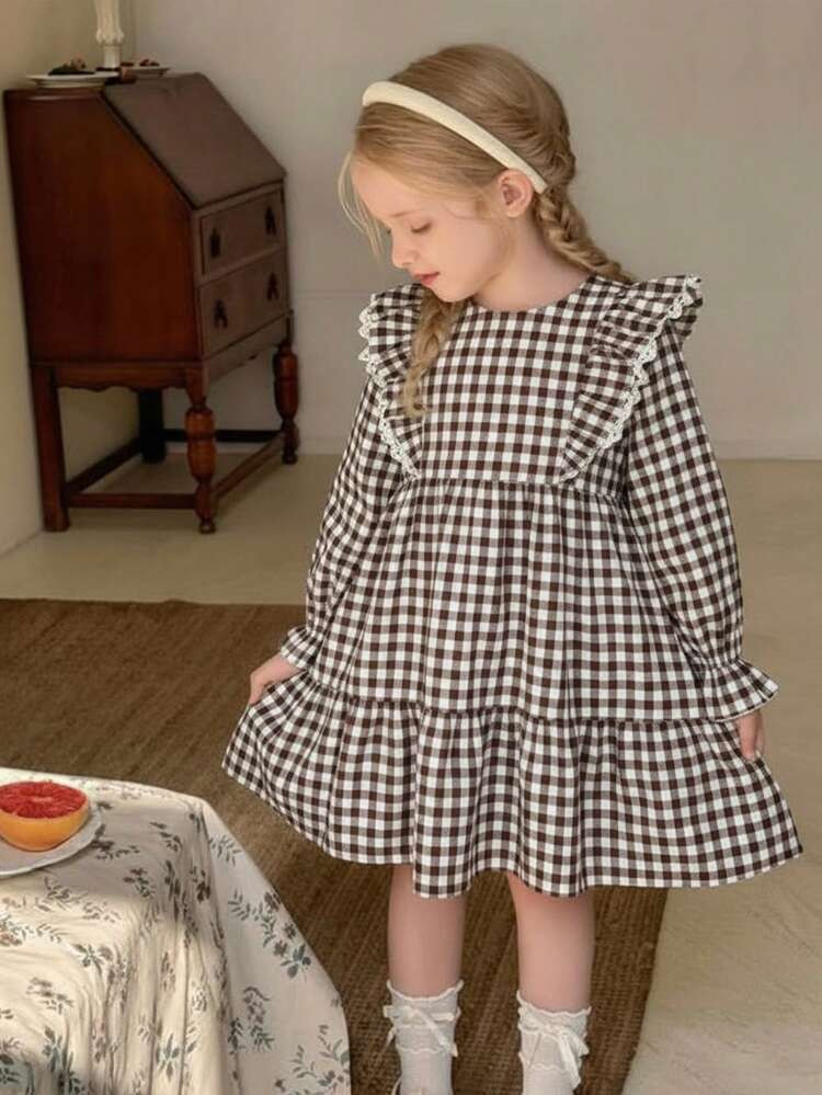 SHEIN LMoss Kids Young Girls' French Elegant Cotton Ruffle Collar Long Sleeve Dress | SHEIN