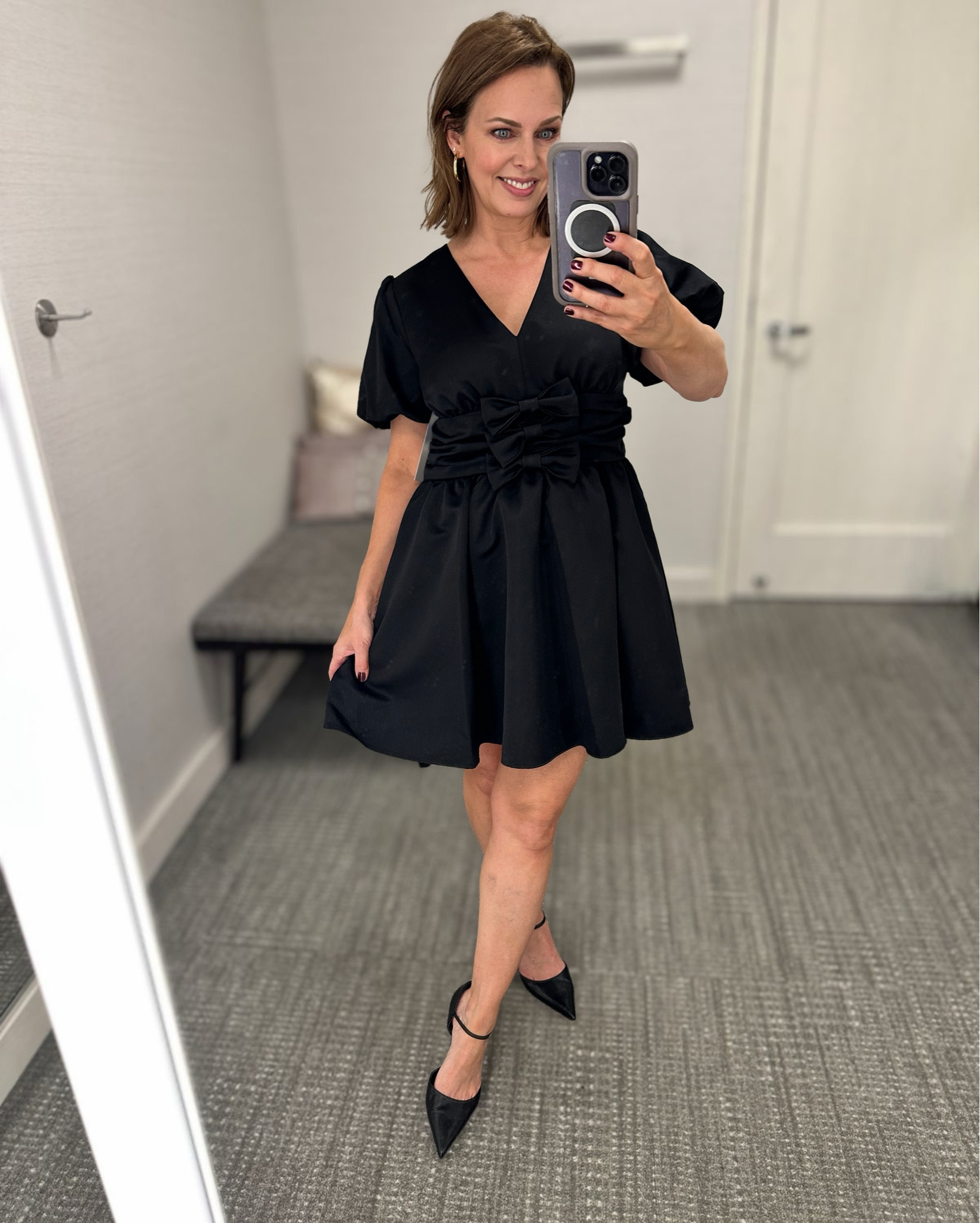 If this is too short for you, you can always wear tights! Love the bows. Felt so cute. I’m typically a small, but I sized up to a medium in this dress.

#LTKPetite #LTKHoliday #LTKOver40