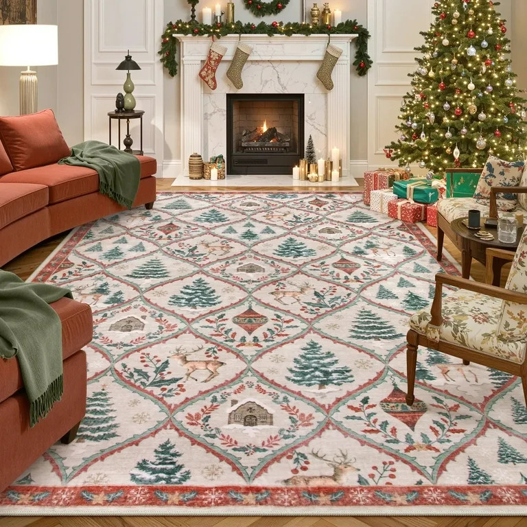 Moynesa 8'x10' Christmas Area Rug for Living Room, Beige Large Rug Xmas Tree Modern Rug Kitchen R... | Walmart (US)