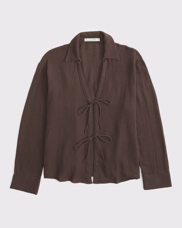Long-Sleeve Oversized Tie-Front Gauzy Shirt | Abercrombie & Fitch (US)