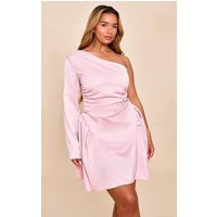 Shape Pink Satin Ruched One Shoulder Skater Mini Dress | PrettyLittleThing US
