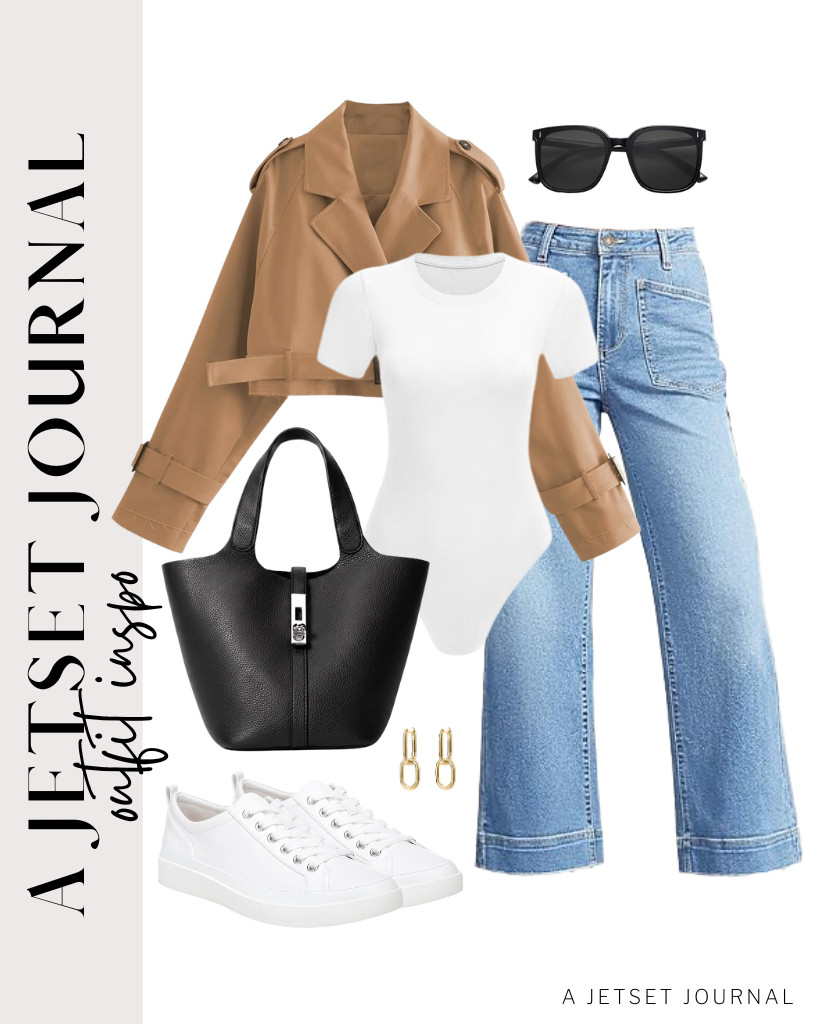A camel cropped trench coat is perfect for this combination of bodysuit and wide-leg jeans from Cicy Bell. Style it with Vionic lace-up shoes and SOJOS sunnies. This vegan leather bucket purse also goes well with this fit. 

 #LTKSeasonal #LTKSaleAlert #LTKTravel