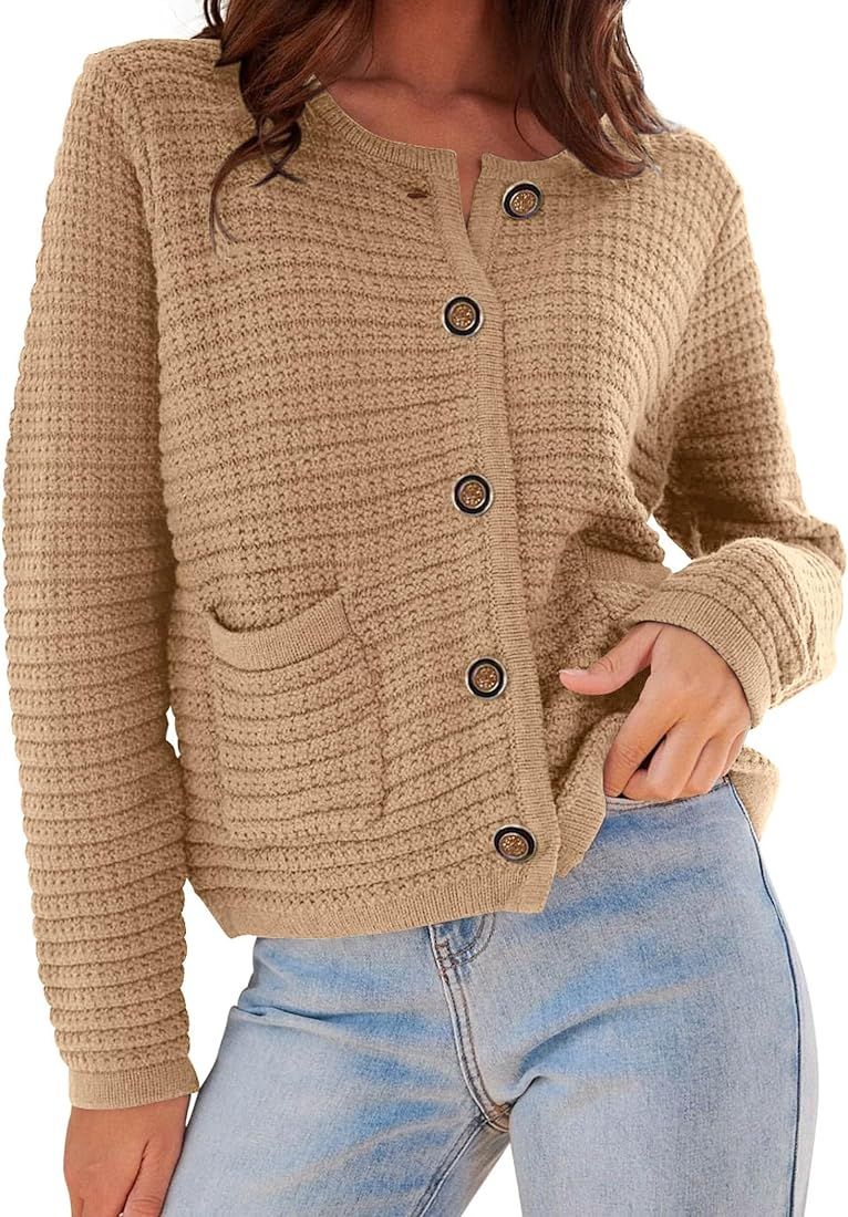 Womens 2023 Cardigan Sweaters Fall Open Front Button Down Long Sleeve Pockets Casual Chunky Knit ... | Amazon (US)