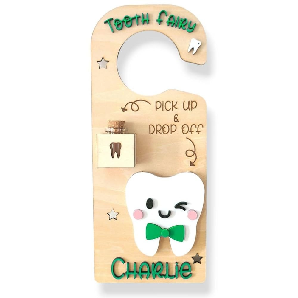 2 Piece Personalized Tooth Fairy Door Hanger Keepsake w/Drop Off Money Slot & Pick Up Box w/Glass... | Amazon (US)