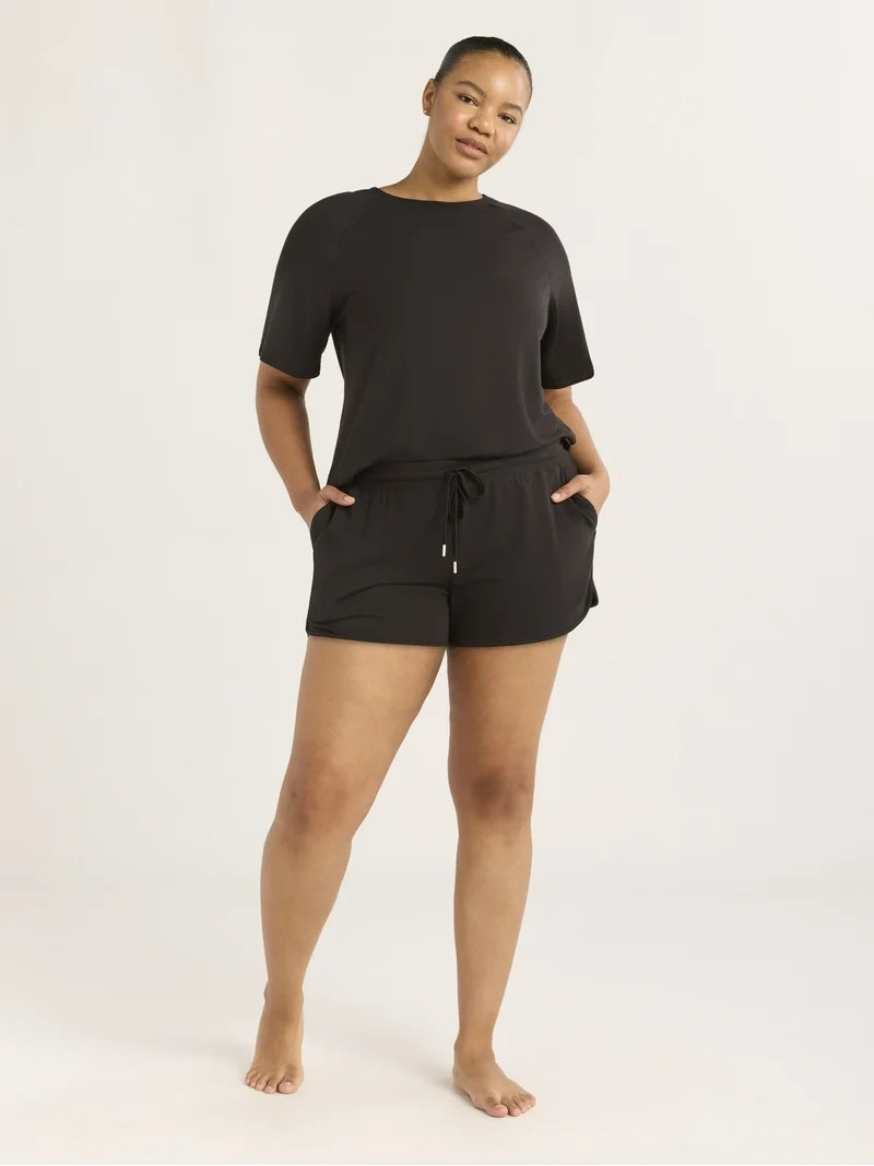 Joyspun Women's French Terry Short Sleeve Top and Shorts Set, 2-Piece, Sizes XS-3X | Walmart (US)