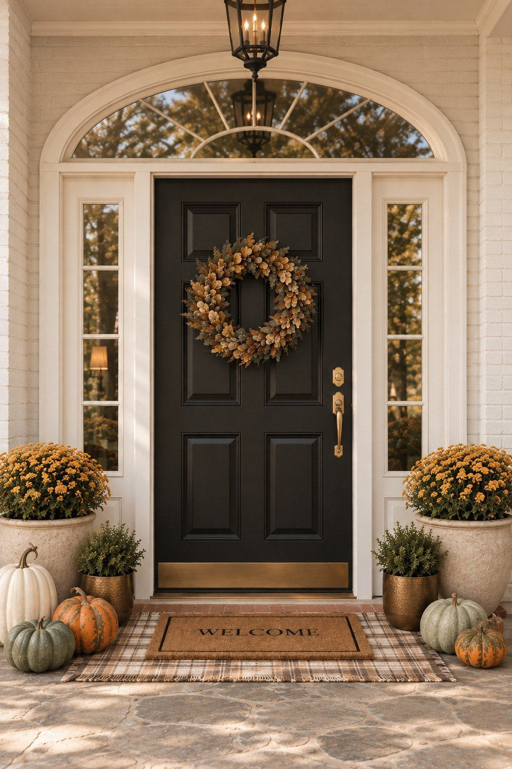 Elegant fall front door. Front door decor. Outdoor front door lights. Outdoor sconce. Fall wreath.  Outdoor planter. Decorative pumpkins. Heirloom pumpkins. Coir doormat. Home decor. Amazon decor. Target decor. Burgundy wreath. Fake pumpkin. Realistic faux pumpkins. Green pumpkin. Cream pumpkins. Lanterns. Gold planter. Yellow fall front door. Beige fall wreath. Yellow fall wreath. Mustard. Golden yellow. 

 #LTKSeasonal #LTKHome #LTKSaleAlert