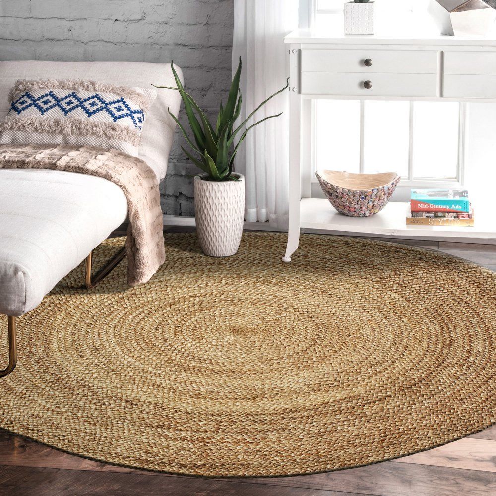 LR Home Natural Jute Hand Braided Wheel Gray Jute Round Indoor Rug (8' x 8') | Walmart (US)