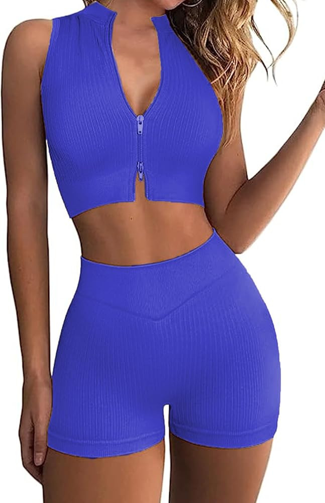 PINSPARK Workout Sets for Women Ribbed Gym Outfits Activewear Zip Crop Tops and High Waist Shorts... | Amazon (US)