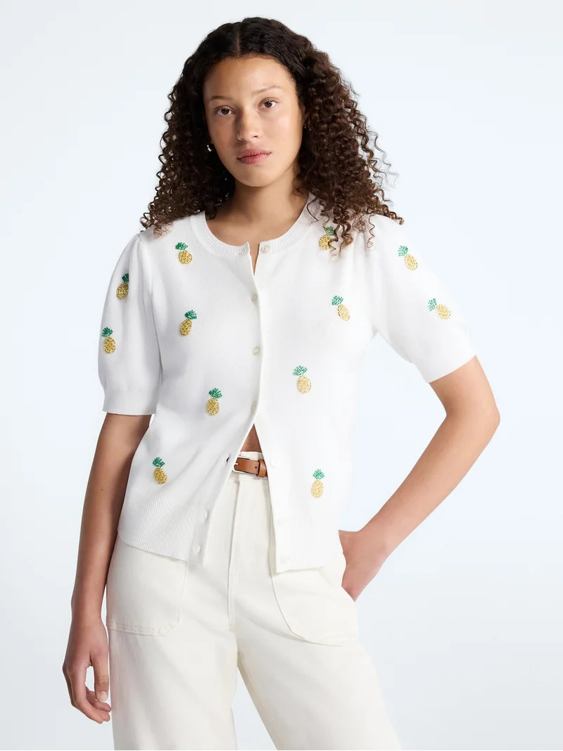 Free Assembly Women's Plus Short Sleeve Puff Shoulder Cardigan, Sizes 1X-4X | Walmart (US)