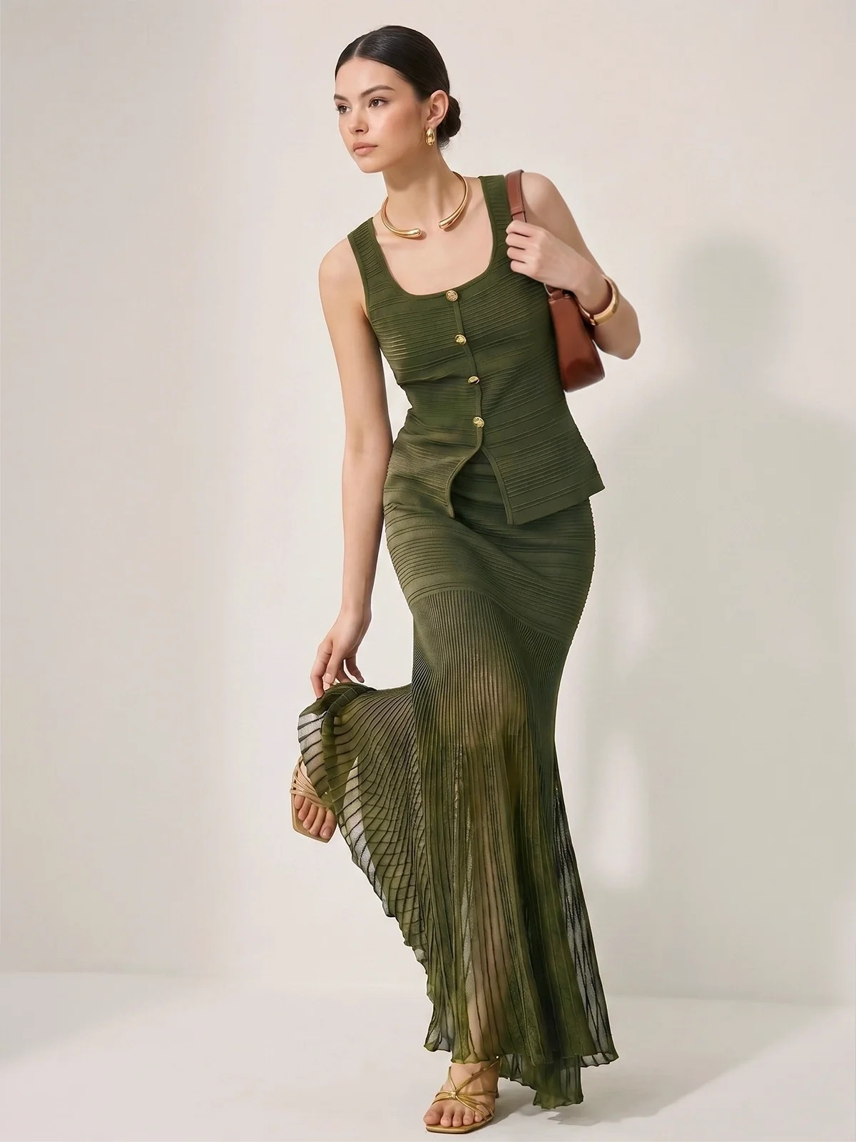 Textured Knit Top & Sheer Mermaid Skirt Set | Commense