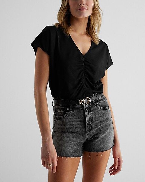 Relaxed V-Neck Ruched Tee | Express