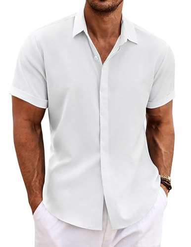 COOFANDY Men's Summer Linen Shirt Short Sleeve Casual Button Down Shirt for Beach Wedding Outfits | Amazon (US)