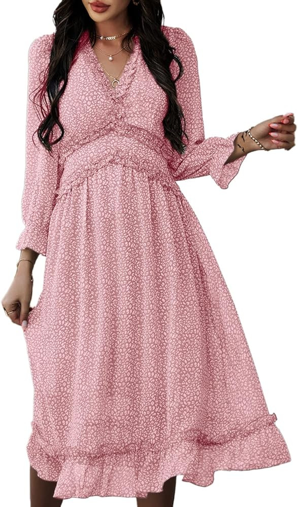 Simplee Women's V Neck Ruffles Floral Printed Long Sleeve Dress High Elastic Waist Flowing Midi D... | Amazon (US)
