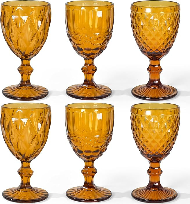 Vintage Wine Glasses Set of 6, 12 OZ Colored Glass Water Goblets, Embossed Floral Decorative Crys... | Amazon (US)