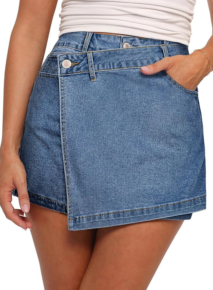 Sidefeel Skorts for Woman High Waisted Jean Skort Wrap Stretchy Asymmetrical Skorts | Amazon (US)