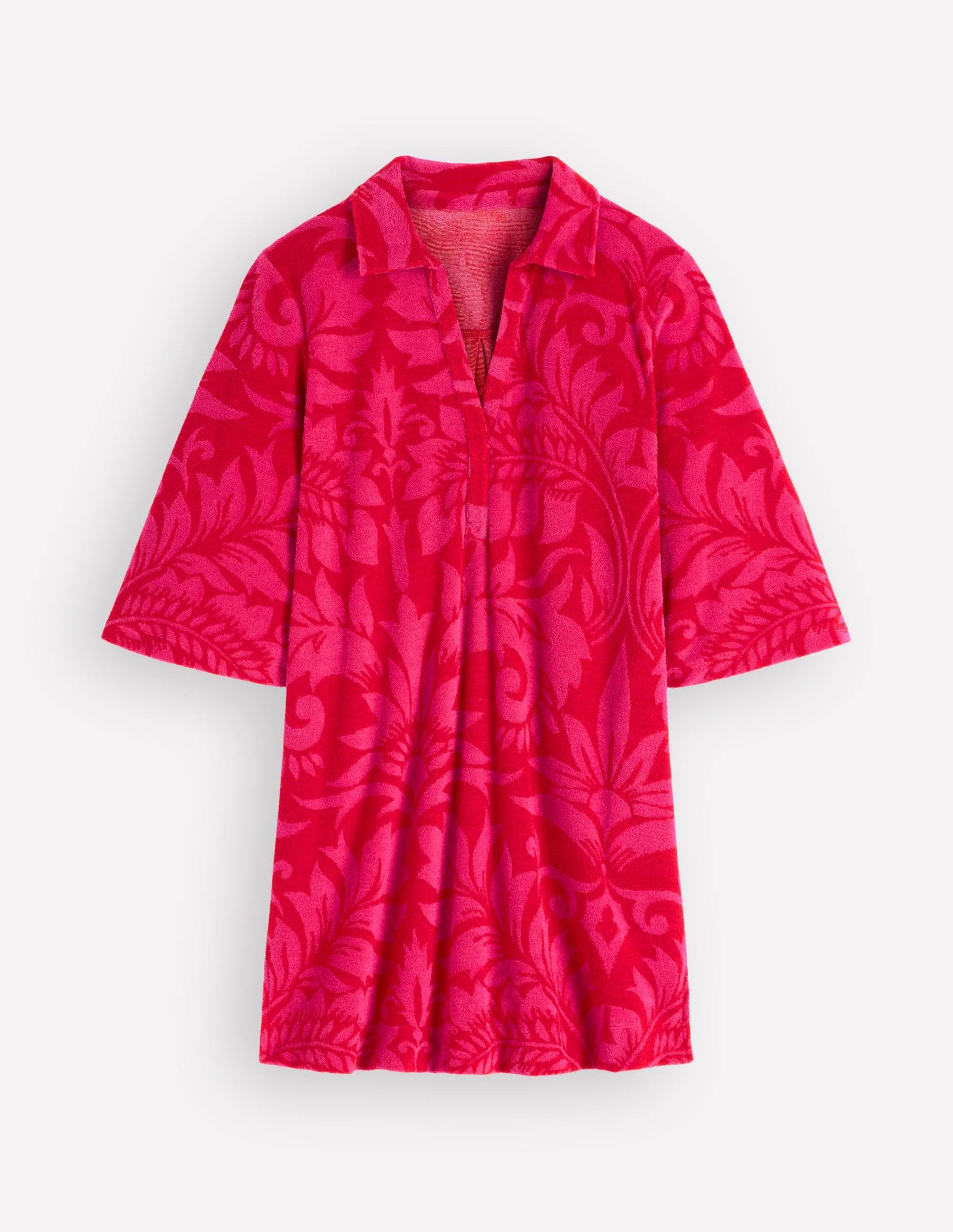 Short Collared Towelling Dress-Merida Red, Ornamental Foliage | Boden (US)