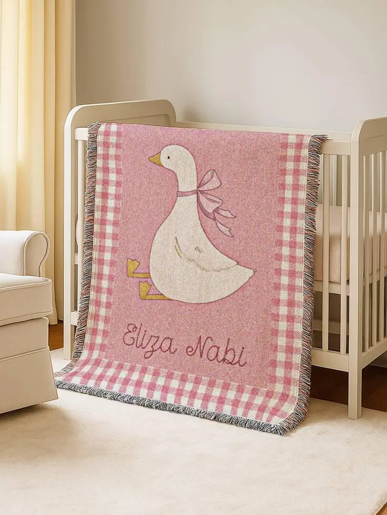 Goose Baby Blanket Girl With Name Gingham Pink Cotton Woven Fringe Blanket Farm Nursery Bedding S... | Etsy (US)