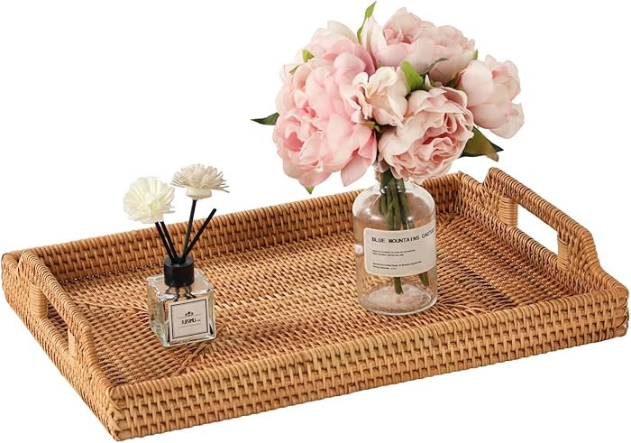 17'' Rattan Serving Tray Rectangle with Handles, Vintage Wicker Table Tray for Decor, Boho Hand W... | Amazon (US)