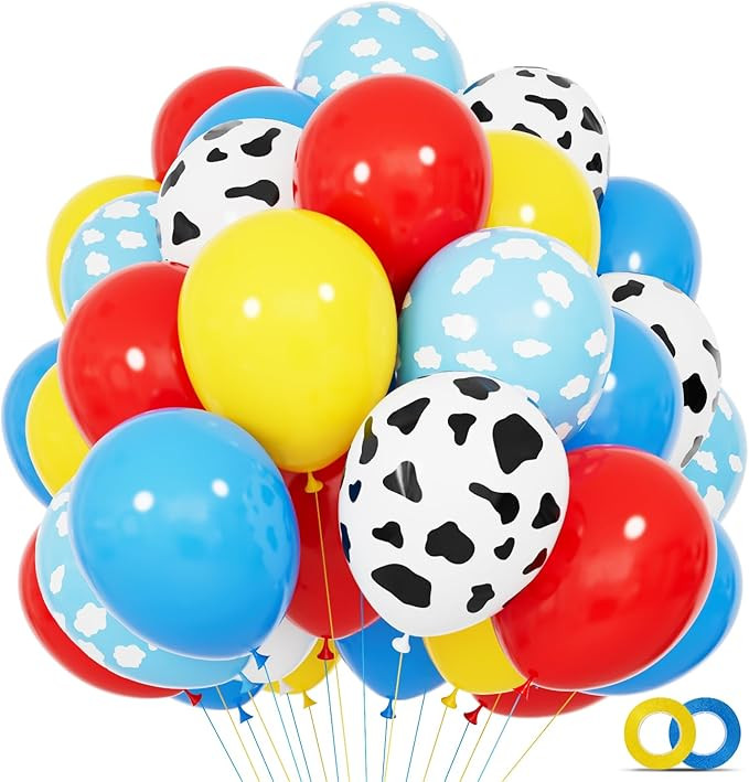 68Pcs Red Yellow Blue Toy Balloons 12 Inch Light Blue Cloud Cow Print Balloons for Baby's Birthda... | Amazon (US)