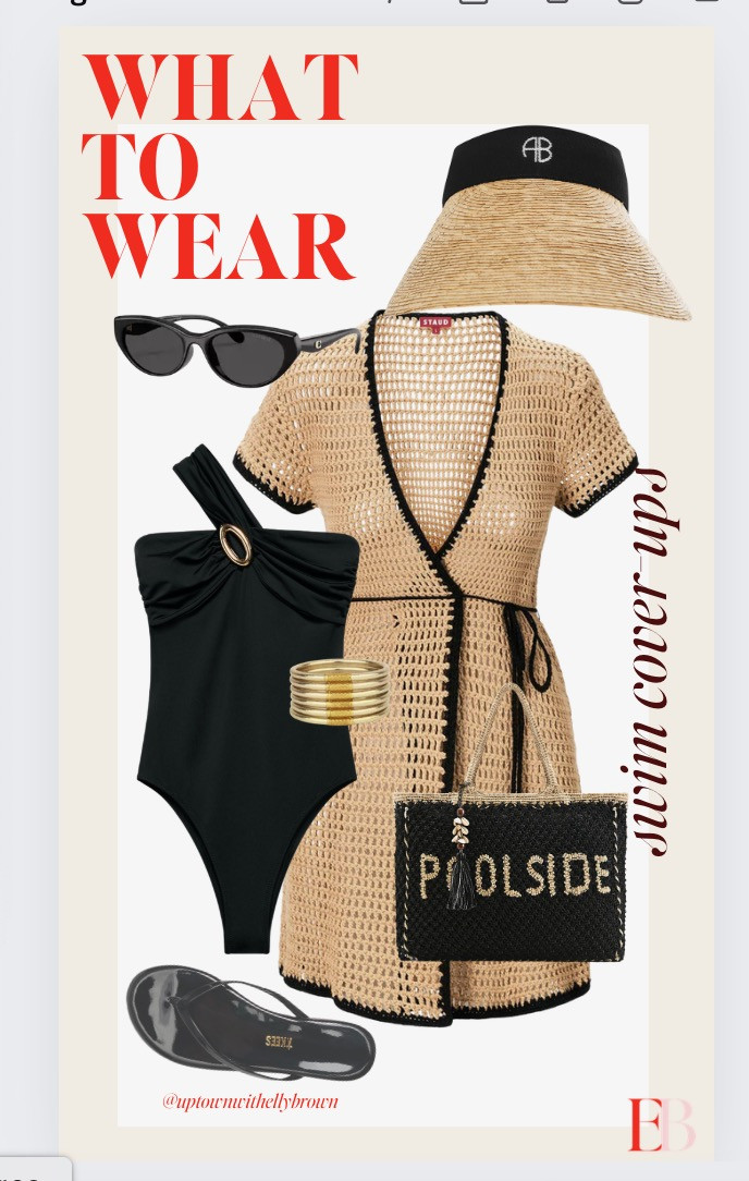 When every single piece in the edit is doing the same color story — that's when you know the outfit actually works.
Black and camel, head to toe, no exceptions. The STAUD crochet cover-up with the black trim is the centerpiece — it ties over the black one-shoulder swimsuit with gold ring hardware and the whole thing looks coordinated without being a matching set. The Anine Bing straw visor with the black band picks up the trim on the cover-up. The "POOLSIDE" tote says exactly where you're going and doesn't apologize for it.
TKEES flip flops because that's the correct shoe for this outfit and also for every pool day you'll ever have. Stacked gold bangles because even poolside Elly is accessorizing and you should be too.
This is the swim cover-up edit that makes getting out of the pool worth it. 

 