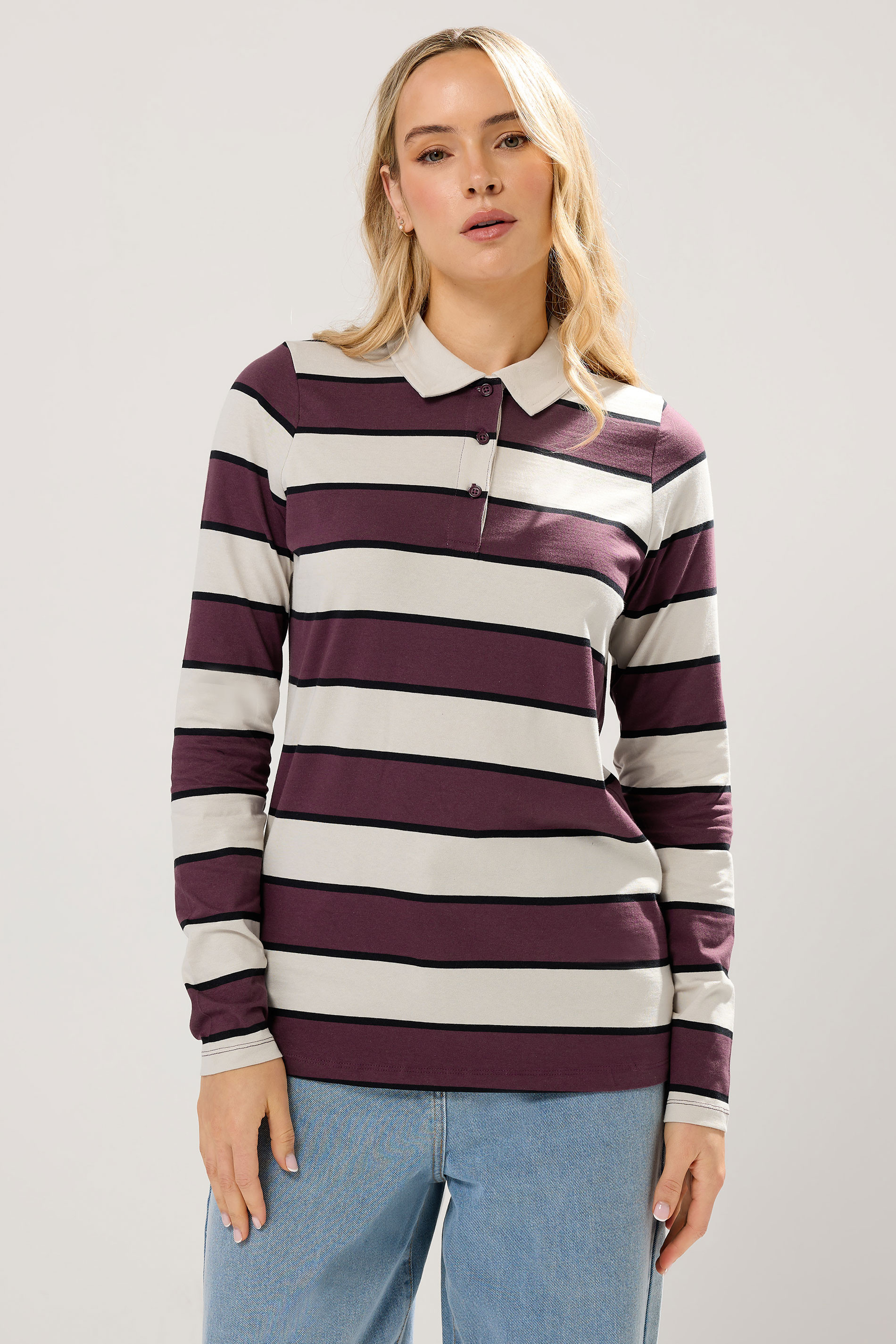 LTS Tall Ivory White Striped Jersey Polo Top | Long Tall Sally