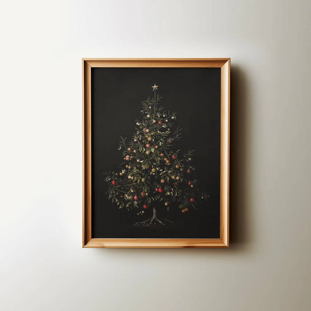 Christmas Tree Oil Painting Cottage Core Decor Moody Still Life Wall Art Neutral Downloadable Art... | Etsy (US)