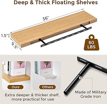 9.3 Inch Deep Floating Shelves, Oak Floating Shelf 36" x 9.3", Rustic Wood Wall Shelves 36 Inch L... | Amazon (US)