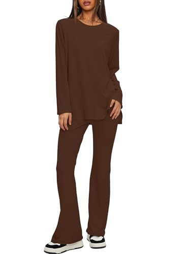 Darong Casual 2 Piece Sets For Women Fall Outfits 2025 Long Sleeve Tunic Top Flare Pants Matching Lounge Set 9218A Coffee L | Amazon (US)