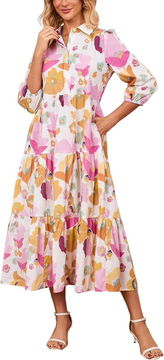 Women’s V Neck Printed Shirt Dress Button Down 3/4 Puff Sleeve Collared Tiered Cotton Flowy Fal... | Amazon (US)