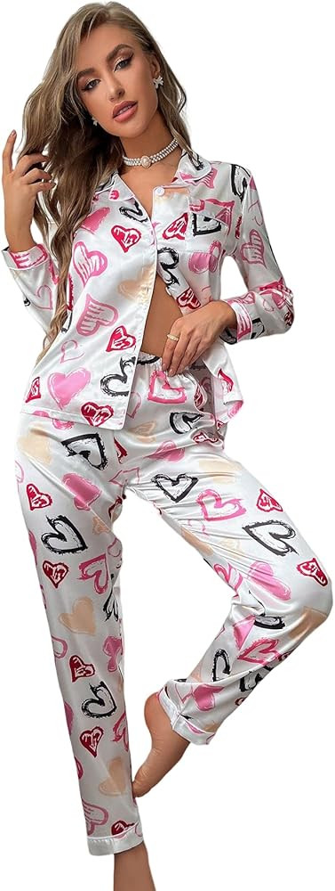 SheIn Women's Satin Sleepwear Lapel V Neck Leopard Print Long Sleeve Pajamas Set | Amazon (US)