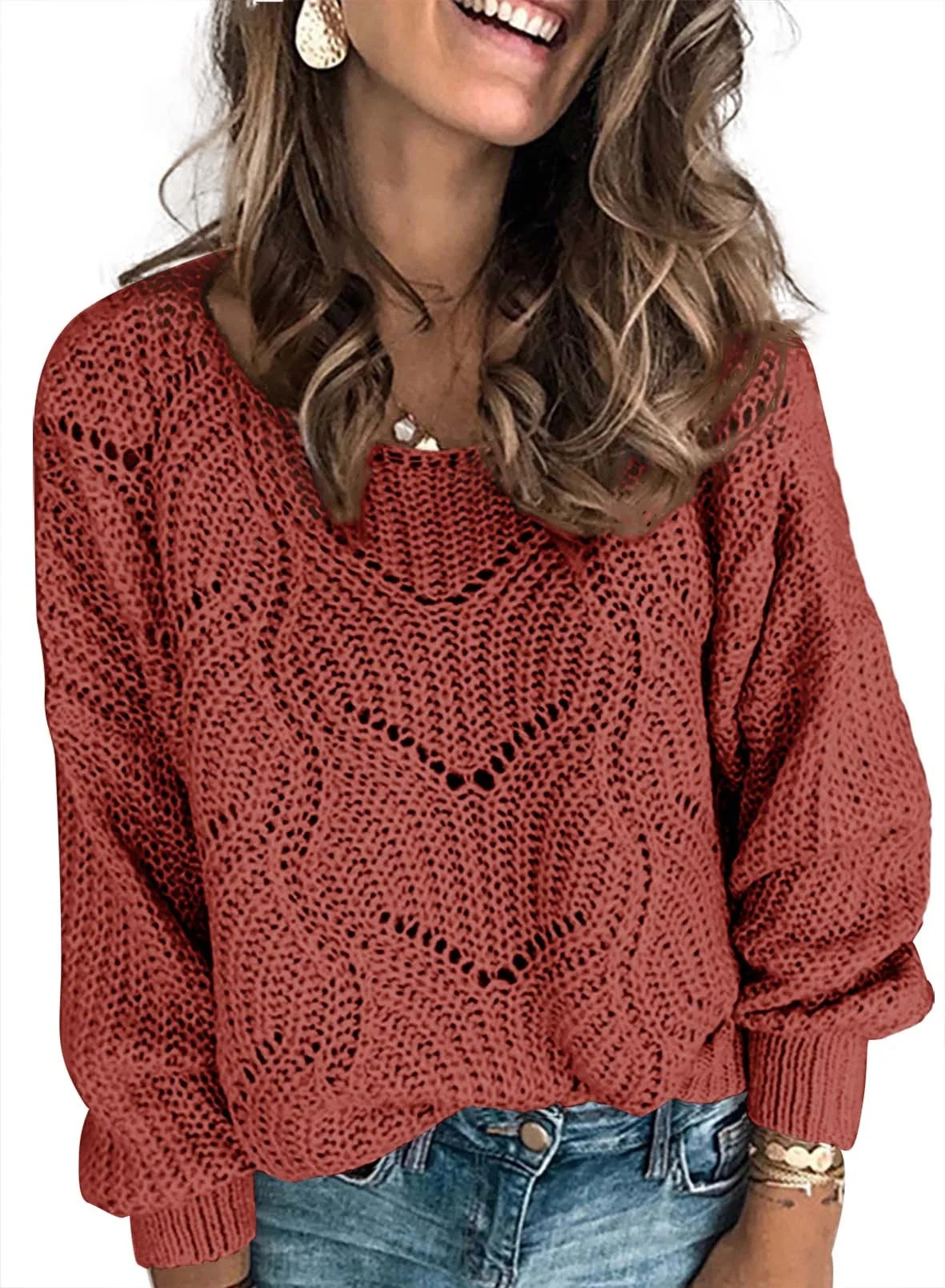 Chase Secret Women Hollow Out Knit Pullover Sweaters Crewneck Long Sleeve Green Sweater Petite - ... | Walmart (US)