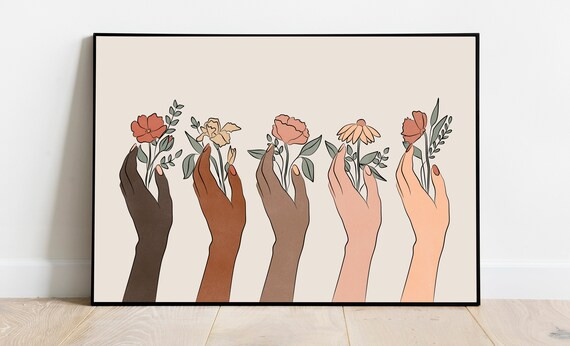 Boho Hands Wall Print, Equality Wall Art, Hands Holding Flowers, Female Multi Racial Art, Flower ... | Etsy (US)